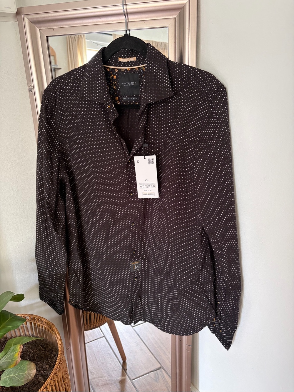 Cactus Man Ricky Singh M NWT Black Polka Dot Button Down Shirt Floral Lining